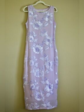 MEROKEETY Women’s Lavender Floral Embroidered Mesh Midi Dress Size L